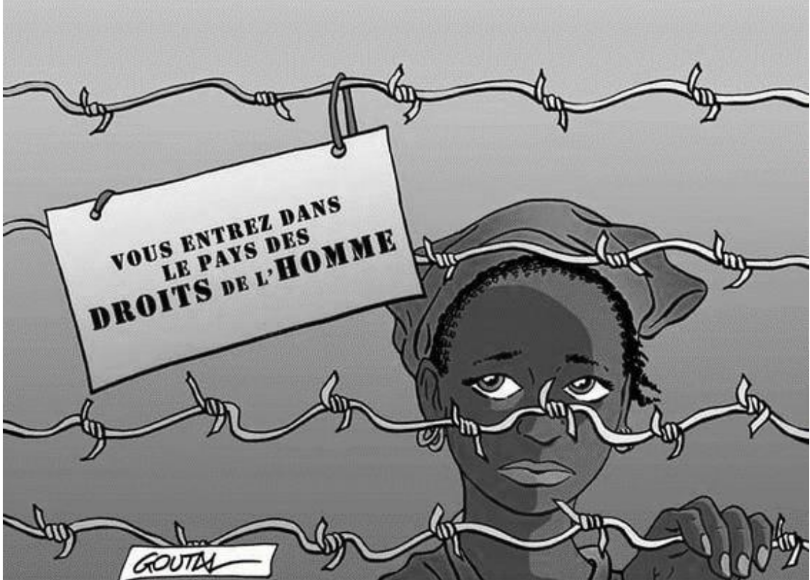 Karikatur eines Kindes hinter Stacheldraht mit einem Schild zu Menschenrechten.